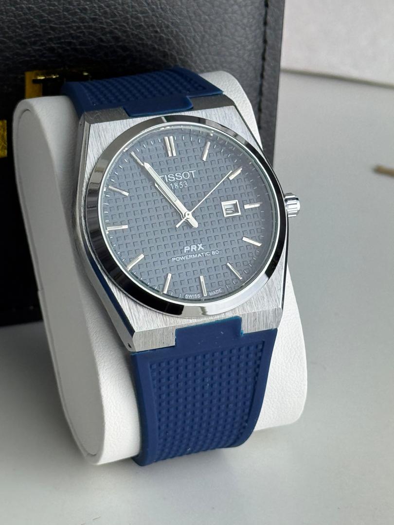 Tissot PRX Powermatic 80 Watch – Blue-Grey Guilloché Dial & Navy Rubber Strap