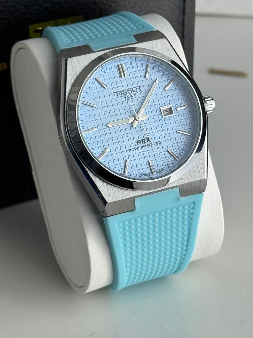 Tissot PRX Powermatic 80 Watch – Ice Blue Guilloché Dial & Light Blue Rubber Strap