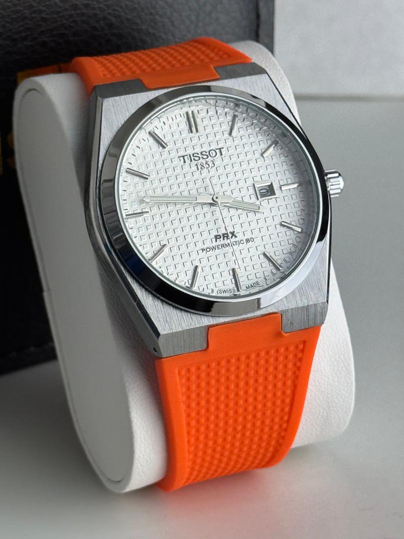 Tissot PRX Powermatic 80 Watch – White Guilloché Dial & Orange Rubber Strap