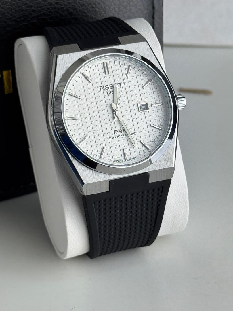 Tissot PRX Powermatic 80 Watch – White Guilloché Dial & Black Rubber Strap