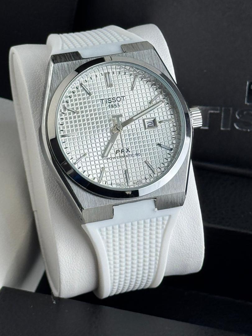 Tissot PRX Powermatic 80 Watch – White Guilloché Dial & White Rubber Strap