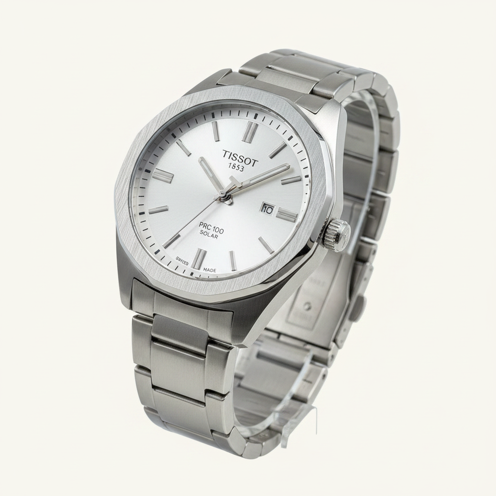Tissot PRC 100 Solar Men's Watch – Silver White Dial Stainless Steel Bracelet