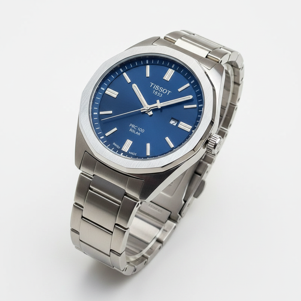 Tissot PRC 100 Solar Men's Watch – Navy Blue Dial Stainless Steel Bracelet