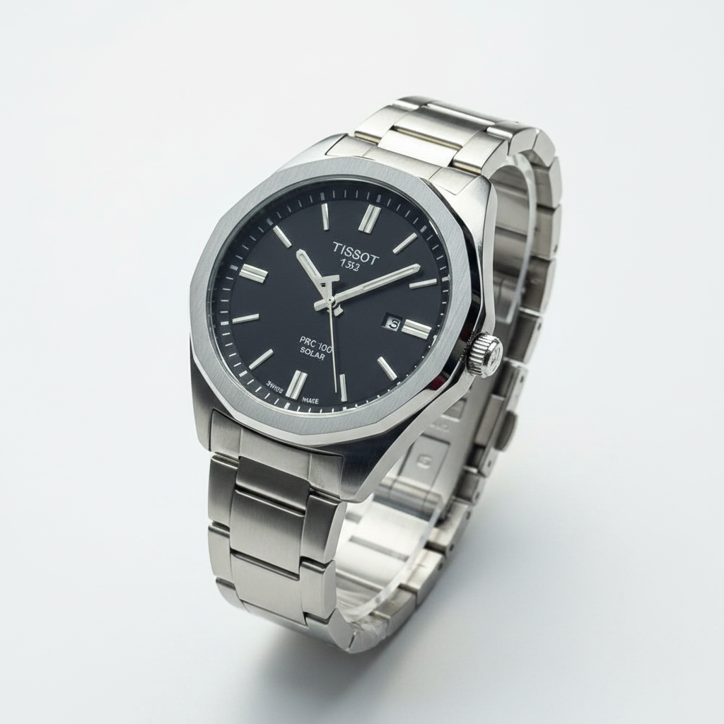 Tissot PRC 100 Solar Men's Watch – Black Dial Silver Stainless Steel Bracelet