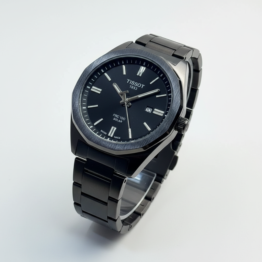 Tissot PRC 100 Solar Men's Watch – Black Dial Black PVD Stainless Steel Bracelet