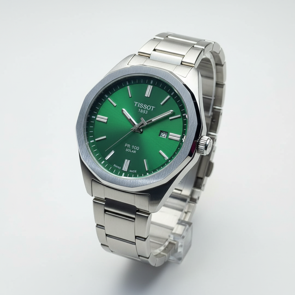 Tissot PRC 100 Solar Men's Watch – Green Dial Stainless Steel Bracelet