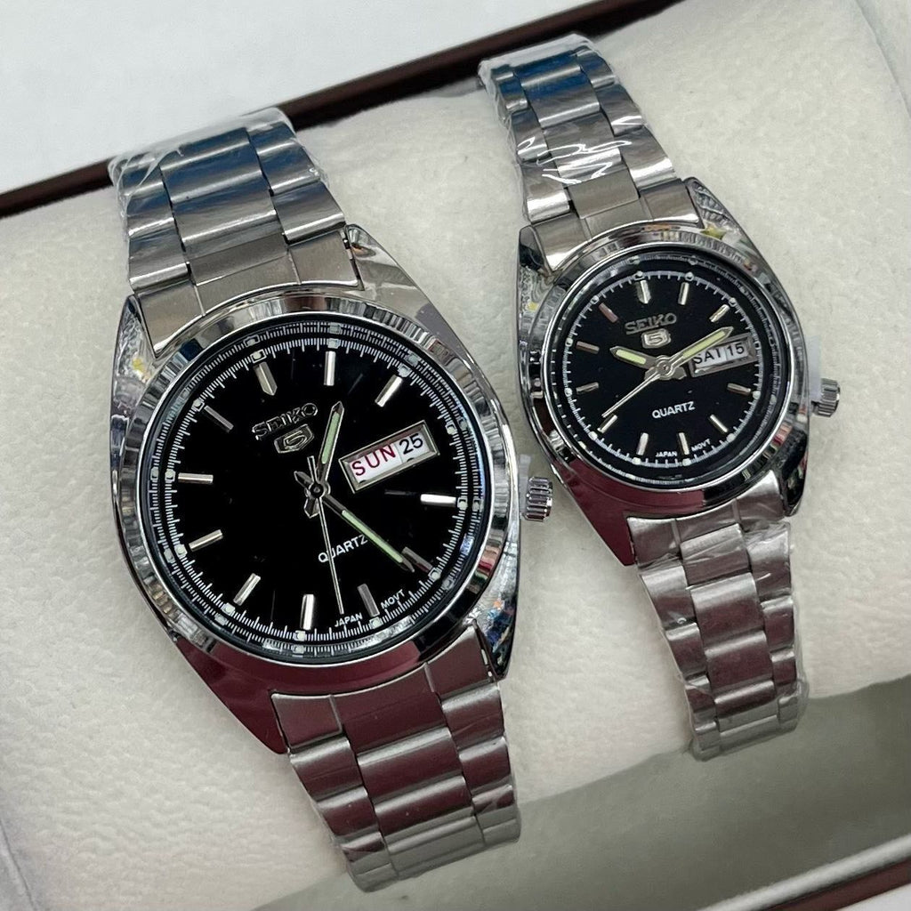 Seiko 5 Quartz Couple Watch Set – His & Hers Black Dial Stainless Steel Day-Date