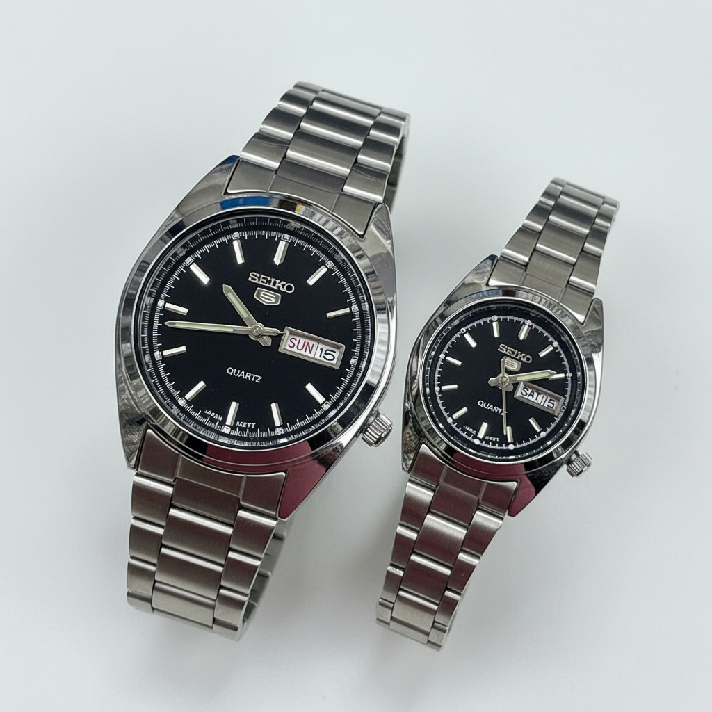 Seiko 5 Quartz Couple Watch Set – His & Hers Black Dial Stainless Steel Day-Date
