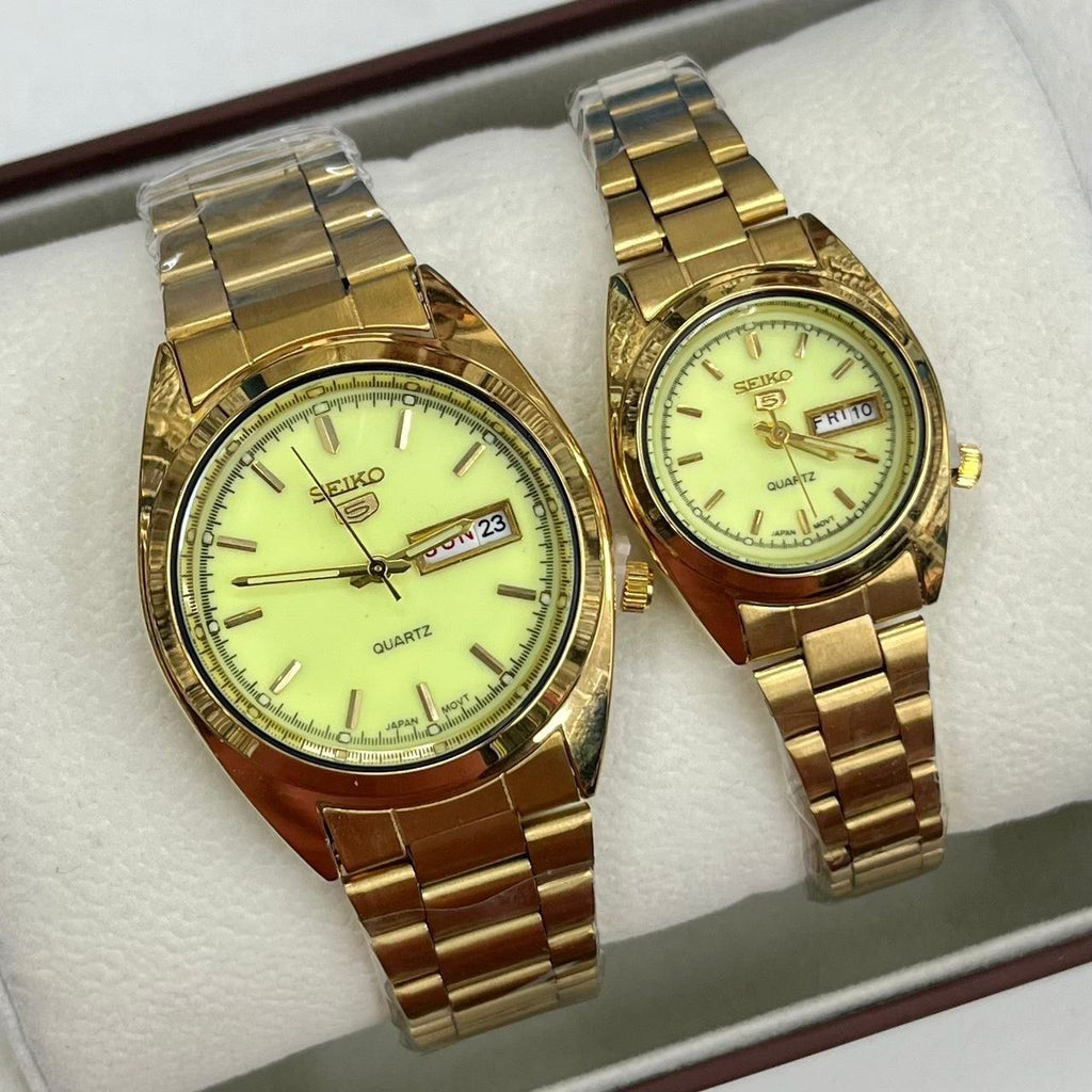 Seiko 5 Quartz Japan Movement Couple Watch Set – Gold-Tone His & Hers Green Dial