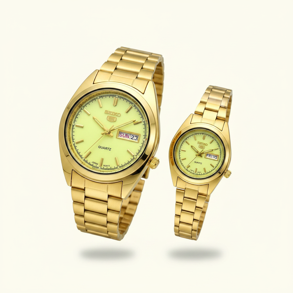 Seiko 5 Quartz Japan Movement Couple Watch Set – Gold-Tone His & Hers Green Dial
