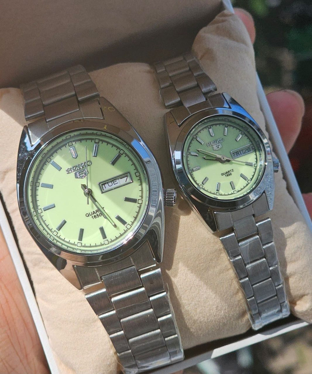 Seiko 5 Quartz 1850 Couple Watch Set – His & Hers Stainless Steel Green Dial