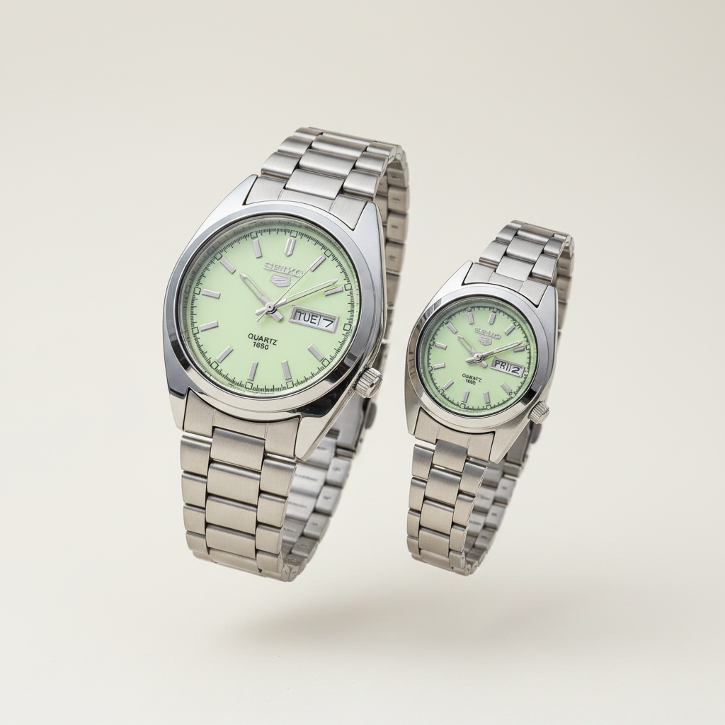 Seiko 5 Quartz 1850 Couple Watch Set – His & Hers Stainless Steel Green Dial