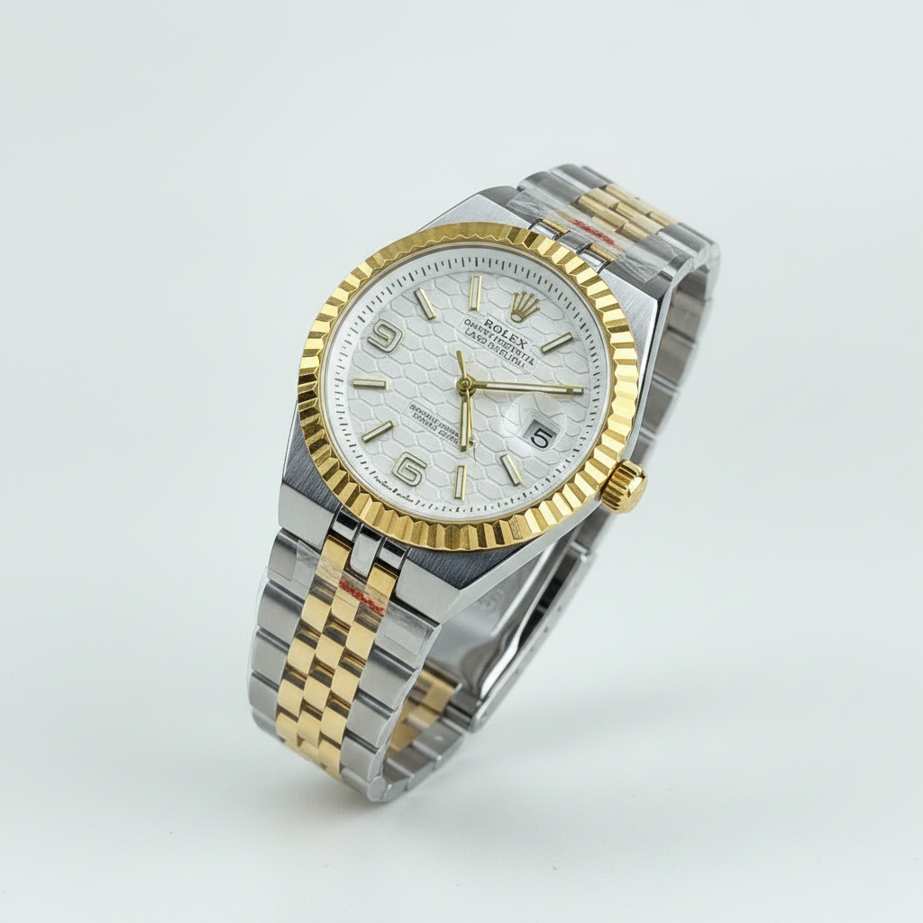 Rolex Oyster Perpetual Land-Dweller White Honeycomb Dial Two-Tone Gold & Silver Automatic Watch