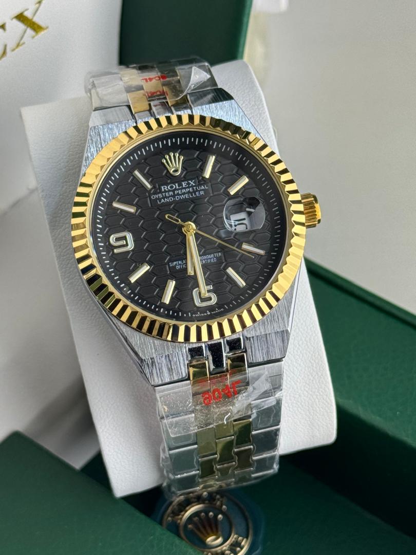 Rolex Oyster Perpetual Land-Dweller Black Honeycomb Dial Two-Tone Gold & Silver Automatic Watch