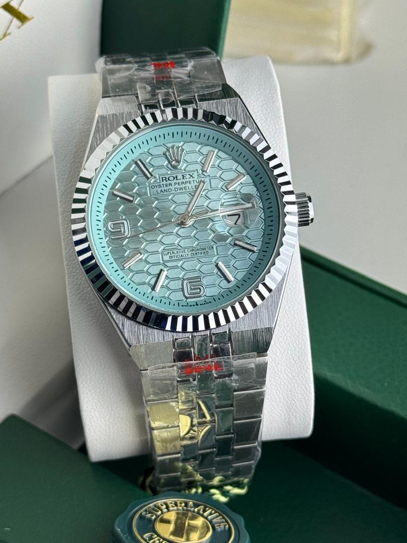 Rolex Oyster Perpetual Land-Dweller Tiffany Blue Honeycomb Dial Silver Automatic Watch with Jubilee Bracelet