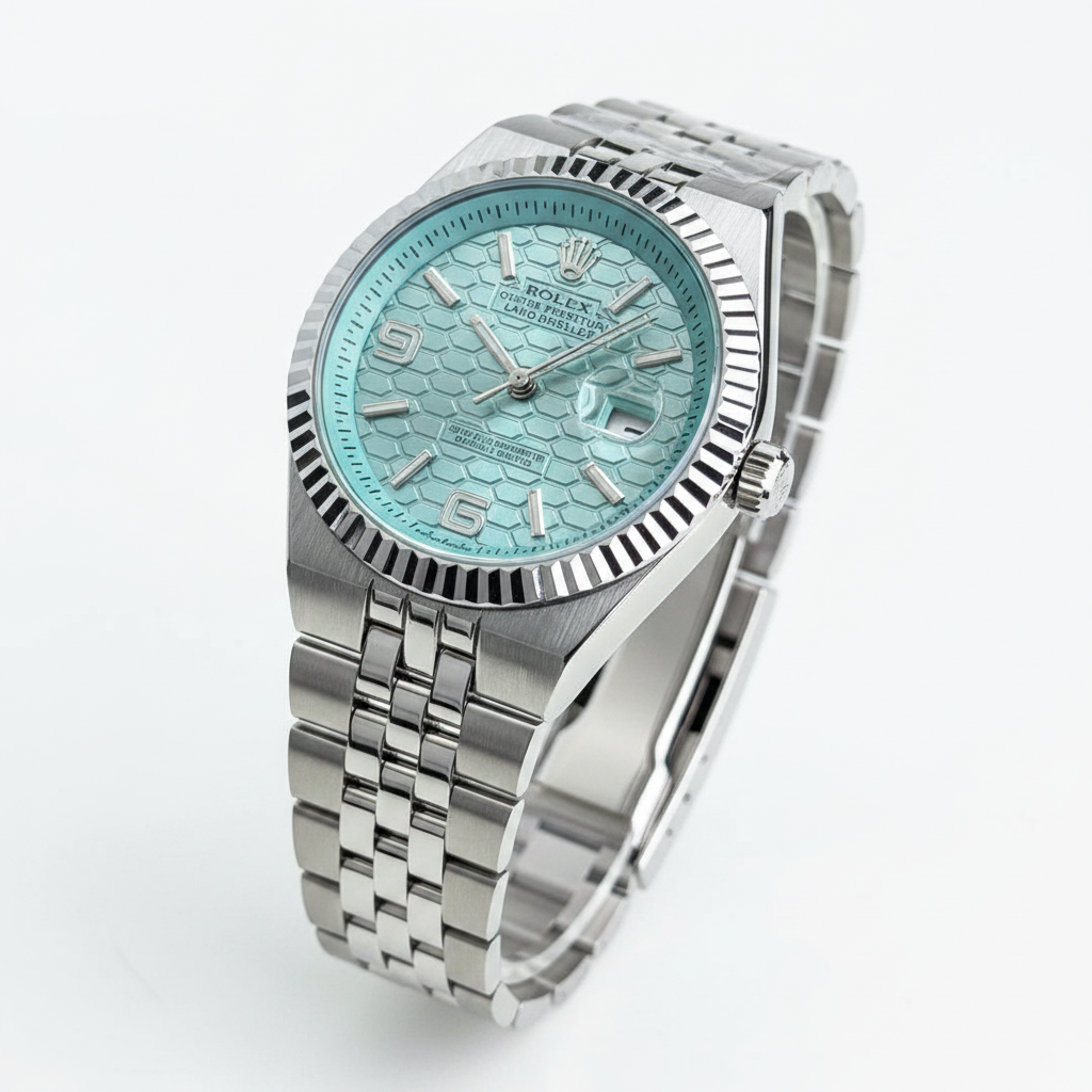Rolex Oyster Perpetual Land-Dweller Tiffany Blue Honeycomb Dial Silver Automatic Watch with Jubilee Bracelet