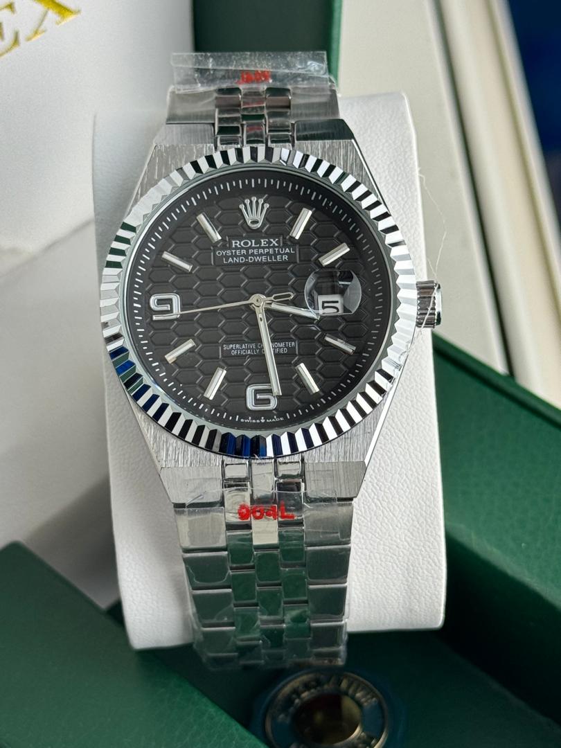 Rolex Oyster Perpetual Land-Dweller Black Honeycomb Dial Full Stainless Steel Automatic Watch with Silver Jubilee Bracelet