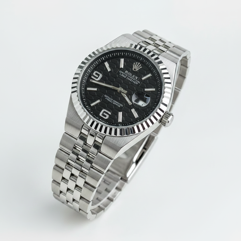 Rolex Oyster Perpetual Land-Dweller Black Honeycomb Dial Full Stainless Steel Automatic Watch with Silver Jubilee Bracelet