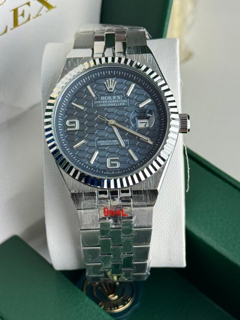 Rolex Oyster Perpetual Land-Dweller Blue Honeycomb Dial Automatic Watch with Silver Jubilee Bracelet