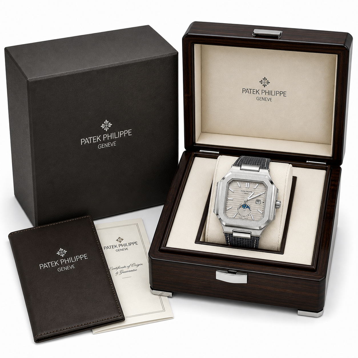 Patek Philippe Nautilus Square Moon Phase Complication – Steel & Black DLC | Multiple Dial & Strap Options