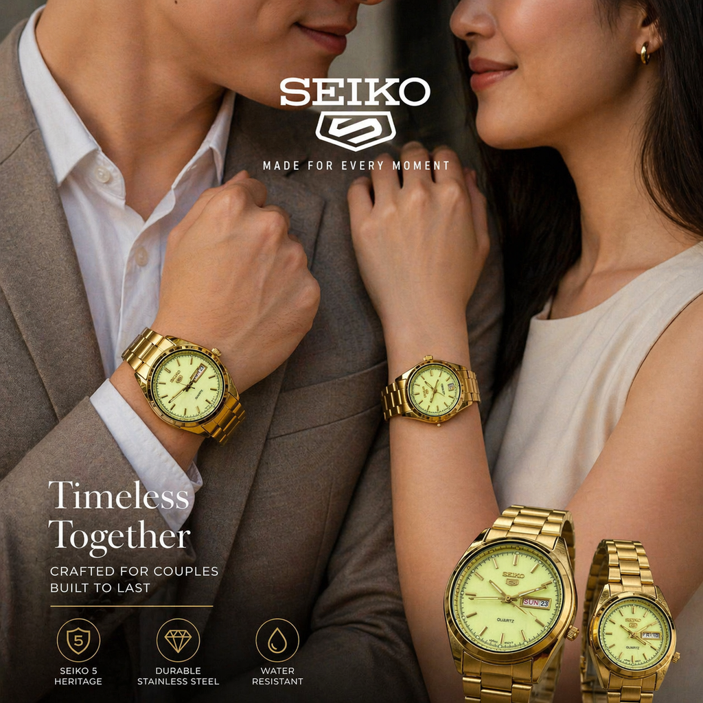 Seiko 5 Quartz Japan Movement Couple Watch Set – Gold-Tone His & Hers Green Dial