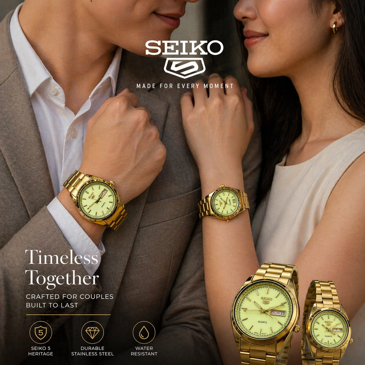 Seiko 5 Quartz Japan Movement Couple Watch Set – Gold-Tone His & Hers Green Dial