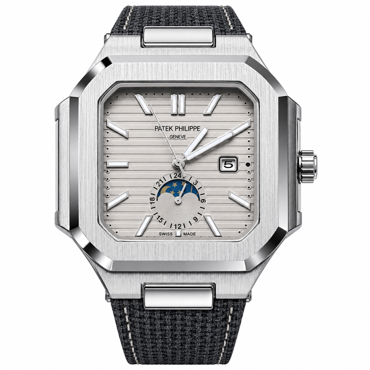 Patek Philippe Nautilus Square Moon Phase Complication – Steel & Black DLC | Multiple Dial & Strap Options