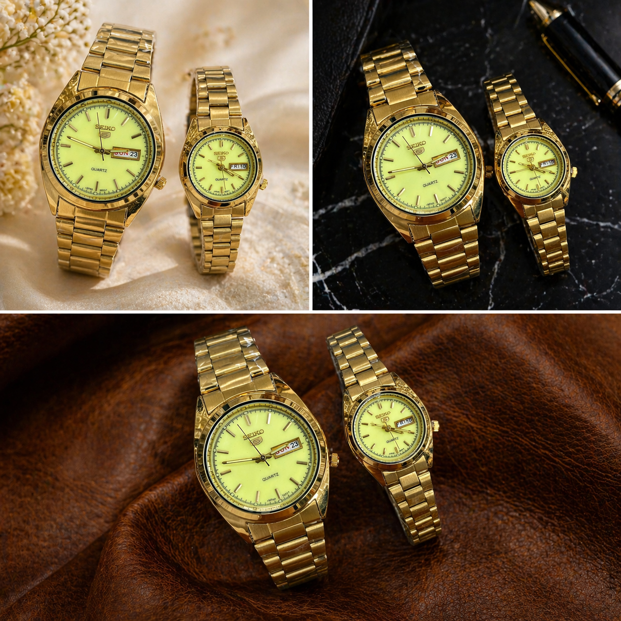 Seiko 5 Quartz Japan Movement Couple Watch Set – Gold-Tone His & Hers Green Dial