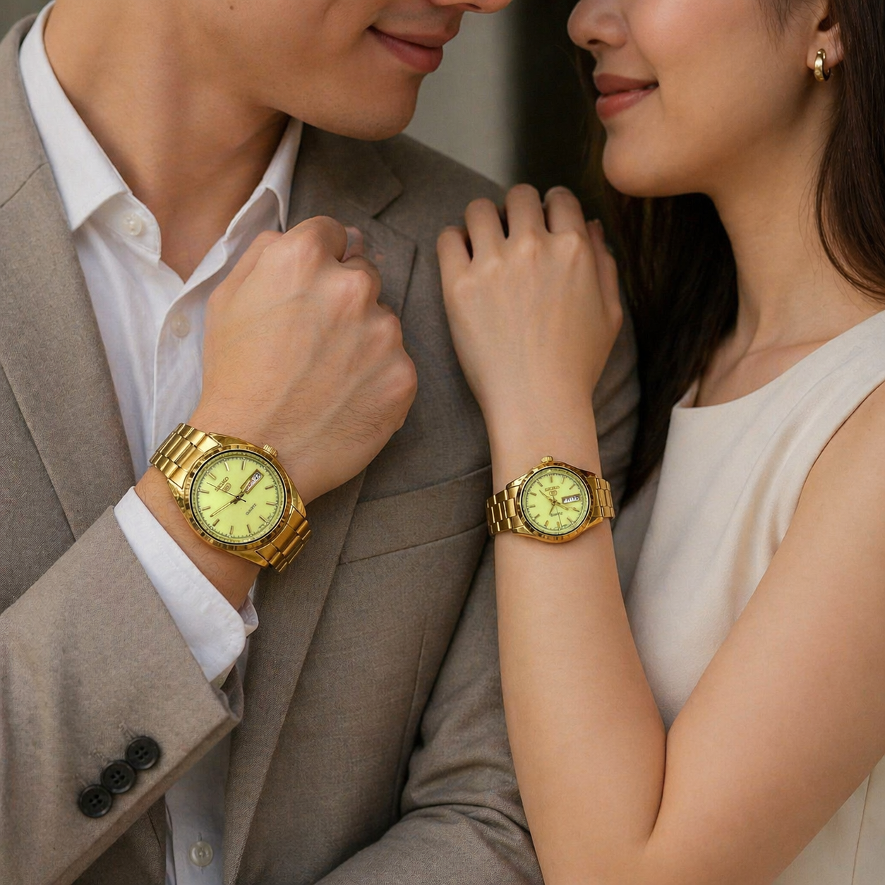 Seiko 5 Quartz Japan Movement Couple Watch Set – Gold-Tone His & Hers Green Dial